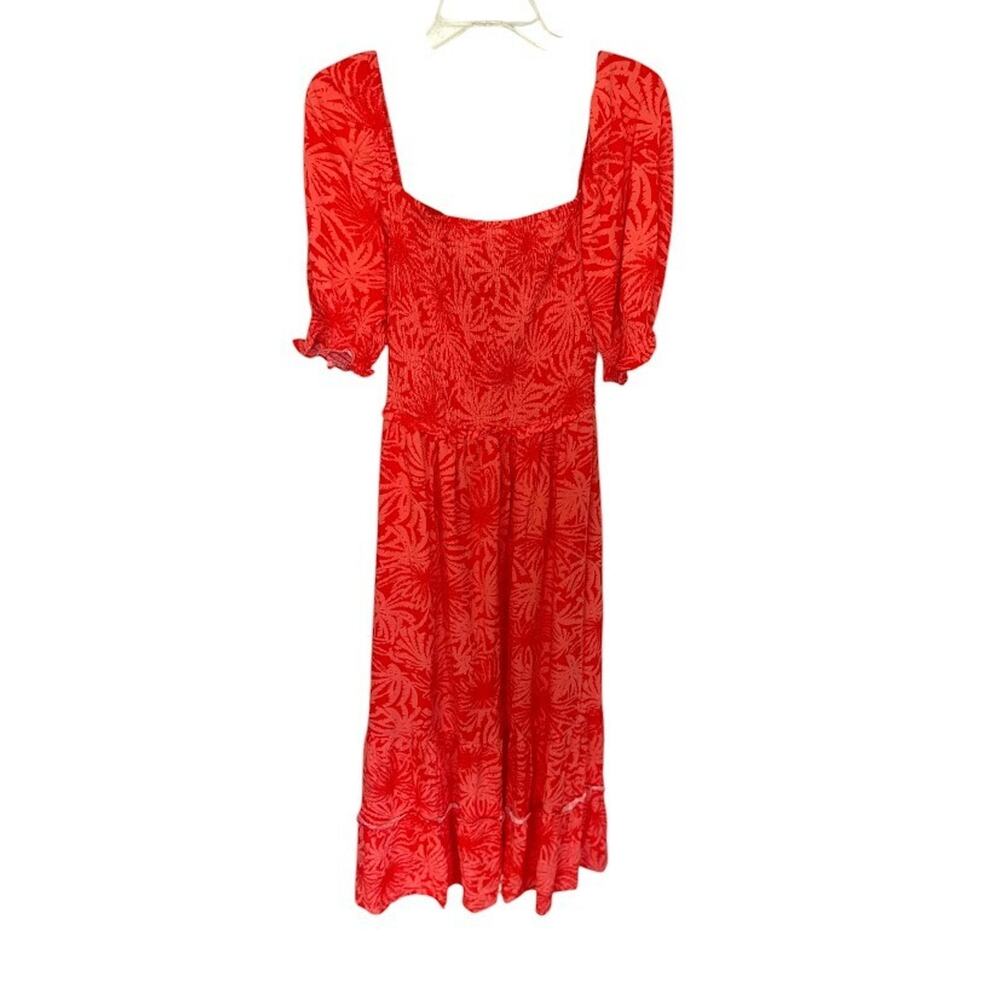 Betsey‎ Johnson Maxi Dress Large Orange Palm Leaf Print Tropical Tiered Smocked